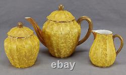 Royal Worcester Gold Fern Leaves & Yellow Teapot Creamer & Sugar Set C. 1886