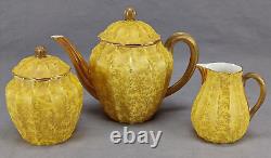 Royal Worcester Gold Fern Leaves & Yellow Teapot Creamer & Sugar Set C. 1886