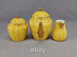 Royal Worcester Gold Fern Leaves & Yellow Teapot Creamer & Sugar Set C. 1886