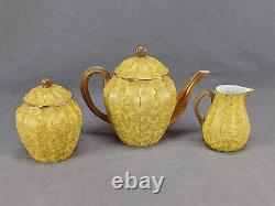 Royal Worcester Gold Fern Leaves & Yellow Teapot Creamer & Sugar Set C. 1886