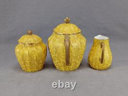 Royal Worcester Gold Fern Leaves & Yellow Teapot Creamer & Sugar Set C. 1886