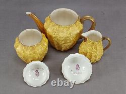 Royal Worcester Gold Fern Leaves & Yellow Teapot Creamer & Sugar Set C. 1886