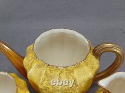 Royal Worcester Gold Fern Leaves & Yellow Teapot Creamer & Sugar Set C. 1886