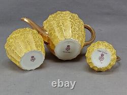 Royal Worcester Gold Fern Leaves & Yellow Teapot Creamer & Sugar Set C. 1886