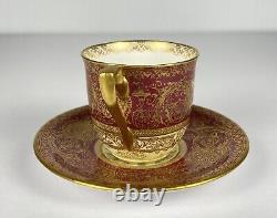 Royal Worcester Hand Painted Gold Encrusted Red Demitasse Cup Saucer W. H Austin