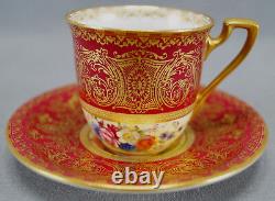 Royal Worcester Hand Painted Phillips Red Gold Floral Demitasse Cup & Saucer A