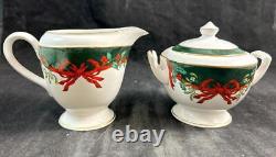 Royal Worcester Holly Ribbons Green Set of Creamer and Lidded Sugar Bowl