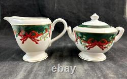 Royal Worcester Holly Ribbons Green Set of Creamer and Lidded Sugar Bowl