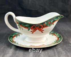 Royal Worcester Holly Ribbons Green Set of Gravy Boat with Underplate