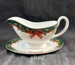 Royal Worcester Holly Ribbons Green Set of Gravy Boat with Underplate