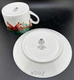 Royal Worcester Holly Ribbons Green Teacup And Saucer Set Of 12