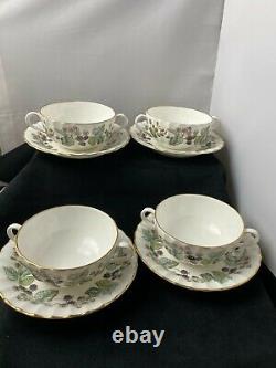 Royal Worcester Livinia Footed 2-Handle Soup Cups & Saucers Bone China Set of 4