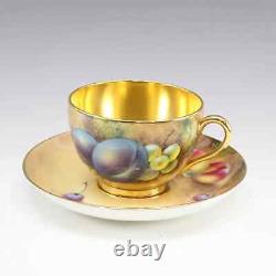 Royal Worcester Painted Fruit Gold Cup and Saucer Marked hand paint Dia 3.3inch