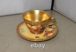 Royal Worcester Painted Fruit Gold Cup and Saucer Marked hand paint Dia 3.7inch