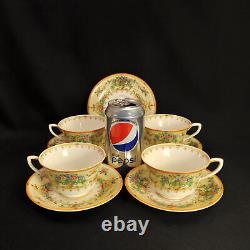 Royal Worcester Riviera 4 Cups 5 Saucers Floral Hand Painted Raised Enamel 1928