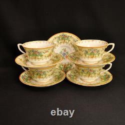 Royal Worcester Riviera 4 Cups 5 Saucers Floral Hand Painted Raised Enamel 1928