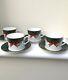 Royal Worcester Set Of 4 Cups And Saucers Holly Ribbons Green England Christmas