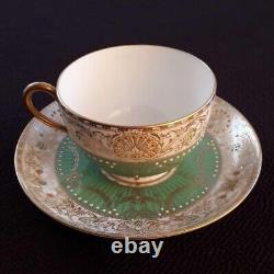 Royal Worcester Tea Cup and Saucer Gilt Green & Jewels Design 1931