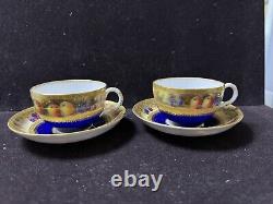 Set Of Two Royal Worcester Signed Gold Blue Tea Cup & Saucer With Fruits