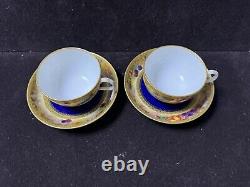 Set Of Two Royal Worcester Signed Gold Blue Tea Cup & Saucer With Fruits