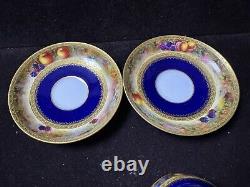 Set Of Two Royal Worcester Signed Gold Blue Tea Cup & Saucer With Fruits