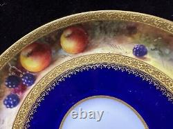 Set Of Two Royal Worcester Signed Gold Blue Tea Cup & Saucer With Fruits