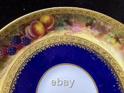 Set Of Two Royal Worcester Signed Gold Blue Tea Cup & Saucer With Fruits