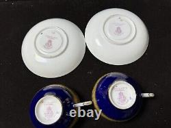 Set Of Two Royal Worcester Signed Gold Blue Tea Cup & Saucer With Fruits