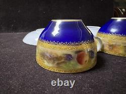 Set Of Two Royal Worcester Signed Gold Blue Tea Cup & Saucer With Fruits