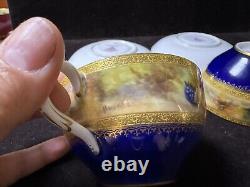 Set Of Two Royal Worcester Signed Gold Blue Tea Cup & Saucer With Fruits