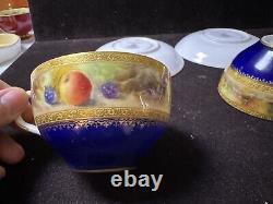 Set Of Two Royal Worcester Signed Gold Blue Tea Cup & Saucer With Fruits