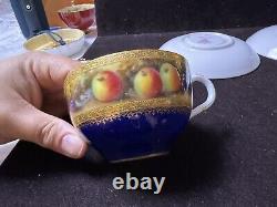 Set Of Two Royal Worcester Signed Gold Blue Tea Cup & Saucer With Fruits