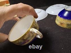 Set Of Two Royal Worcester Signed Gold Blue Tea Cup & Saucer With Fruits