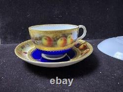 Set Of Two Royal Worcester Signed Gold Blue Tea Cup & Saucer With Fruits