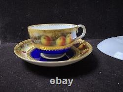 Set Of Two Royal Worcester Signed Gold Blue Tea Cup & Saucer With Fruits