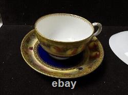 Set Of Two Royal Worcester Signed Gold Blue Tea Cup & Saucer With Fruits