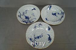 Set of 10 Royal Worcester B866 Cobalt & Gold Birds Chintz Flowers Soup Plates