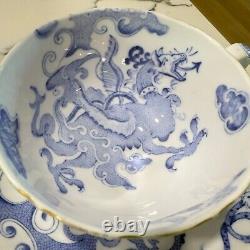 Set of 2 Royal Worcester Blue & White Dragon Tea Cup & Saucer c. 1938