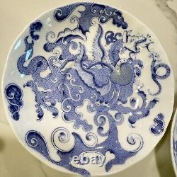 Set of 2 Royal Worcester Blue & White Dragon Tea Cup & Saucer c. 1938