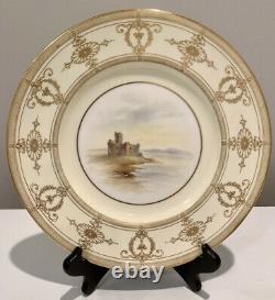 Set of 4 RARE 1933 Royal Worcester Dinner Plates Gold with Hand-Painted Castles