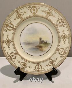 Set of 4 RARE 1933 Royal Worcester Dinner Plates Gold with Hand-Painted Castles