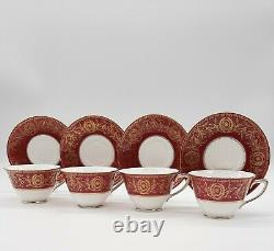 Set of 4 Royal Worcester Pompadour Red and Gold Cups & Saucers