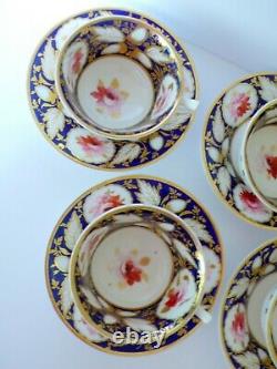 Set of 6 Antique Royal Worcester Cobalt Blue Roses Cups & Saucers