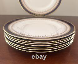 Set of 8 Royal Worcester England Regency Blue Dinner Plates 10 7/8 EUC