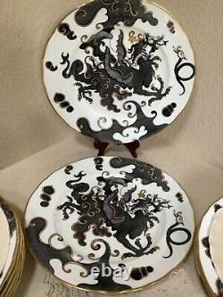 Set of Twelve (12) Royal Worcester Black WithGold Dragon 10.5 Dinner Plates EUC