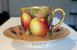Ultra Rare 1900s Royal Worcester Painted Fruit Gold Coffee Can Cup & Saucer Mini