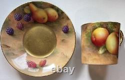 Ultra Rare 1900s Royal Worcester Painted Fruit Gold Coffee Can Cup & Saucer Mini