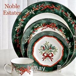 Vintage Royal Worcester Holly Ribbons Gold Rimmed Green Dishes Service for 6