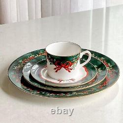 Vintage Royal Worcester Holly Ribbons Gold Rimmed Green Dishes Service for 6