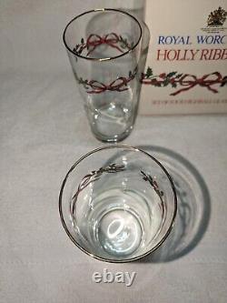 Vintage Royal Worcester Holly Ribbons, Highball Glasses, Set Of 4 In Box
